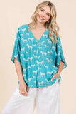 Zebra Print V-Neck Button Down Dolman Sleeve Top DJPT