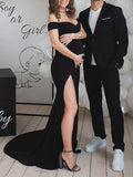 Black Off Shoulder Side Slit Bodycon Baby Shower Photoshoot Gown Maternity Maxi Dress Maternity