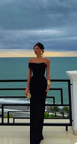 Sheath Off The Shoulder Black Long Prom Dresses Party Dress SD1329