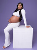 Solid Color Ruffle High Neck Crop Top 2-in-1 Long Sleeve Bodycon Club Party Photoshoot Maternity Maxi Dress Maternity