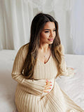 Knit Pleated Big Swing V-neck Plus Size Sweater Elegant Going Out Maternity Photoshoot Baby Shower Maxi Dress Maternity