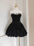 A Line Strapless Black Velvet Ruffles Vacation Dresses Short Birthday Outfits SD337