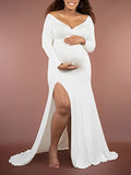 White Off Shoulder Side Slit Mermaid Bodycon Photoshoot Maternity Maxi Dress Maternity