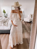 White Off Shoulder Lace Tiered Boat Neck Flowy Elegant Maternity Photoshoot Dress Maternity