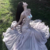 Mermaid Spaghetti Straps Backless Lilac Birthday Dresses Prom Dress SD1154