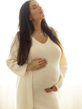 White Knitting V-Neck Bodycon Two Pieces Cardigan Elegant Baby Shower Maternity Maxi Sweater Dress Maternity