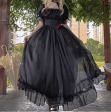 A Line Square Neckline Short Sleeves Black Chiffon Long Party Dresses Birthday Dress SD584
