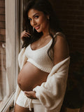 Ivory Three-piece Cozy Knit Set Plus Size Crop Top Cardigan Fluffy Loungewear Casual Daily Maternity Outfit Maternity