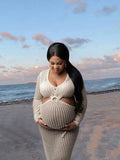 Apricot Knit Coverup Dress Mesh Bodycon Beach Hollow Out Midi Crochet Maternity Cut Out Dress Maternity