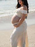 Ivory White Two Piece Set Off Shoulder Ruffle Falbala Bodycon Elegant Maternity Boho Photoshoot Baby Shower Maxi Dress Maternity