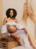 Chic White Two Piece Falbala Slits On Both Sides Transparent Off Shoulder Flowy Beach Maternity Photoshoot Maxi Dress Maternity