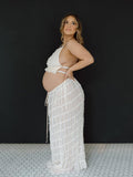 Beige 2 Piece Smocked Ruffle Backless Flowy Elegant Vacation Beach Photoshoot Maternity Maxi Dress Maternity