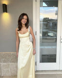 A Line Spaghetti Straps Yellow Satin Prom Dress Evening Dress Formal Dress SD2192