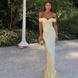 Mermaid Off The Shoulder Yellow Satin Long Evening Dress Prom Dresses SD2063