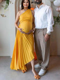 Yellow Pleated Cut Out One Shoulder Big Swing Plus Size Elegant Maternity Photoshoot Baby Shower Maxi Dress Maternity