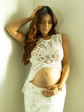 White Lace Cut Out Crop Hollow Irregular 2-in-1 Babyshower Maternity Maxi Dress Maternity