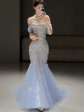 Mermaid Off The Shoulder Blue Tulle Silver Beads Long Prom Dresses Formal Evening Dress SD1399