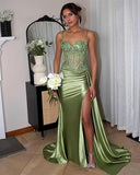 Mermaid Spaghetti Straps Sage Green Long Satin Prom Dresses Formal Evening Dress SD2416