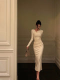Sheath Long Sleeves Ivory Date Night Dress Long Prom Dresses Birthday Outfits SD1076
