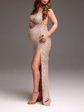 Rose Gold Glitter Sparkly Backless Slit Tie Back Photoshoot Party Maternity Maxi Dress Maternity