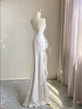 Mermaid Scoop Satin Night Party Dress White Long Prom Dresses SD1524