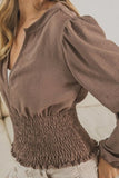 Smoking Waist Band and Puff Sleeves Deep V Neck Top DJPT