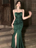 Sheath Spaghetti Straps Floor Length Green Satin Prom Dresses Birthday Dress SD452