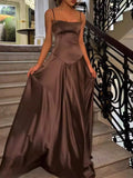 A line Spaghetti Straps Pink Satin Long Party Dresses Prom Dresses SD2705