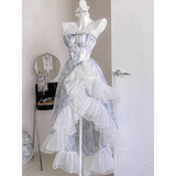 High Low Strapless Floor Length Light Blue Flowers Prom Dresses Birthday Dress SD467