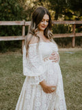 Boho Lace Off Shoulder Lace Tassel Crop 2-in-1 Side Slit Ruffle Photoshoot Maternity Maxi Dress Maternity