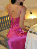 A line Spaghetti Straps Pink Satin Long Party Dresses Prom Dresses SD2705