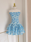 A line Strapless Sleeveless Blue Floral Party Dress Short Birthday Outfits SD380