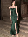 Sheath Spaghetti Straps Floor Length Green Satin Prom Dresses Birthday Dress SD452
