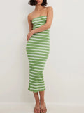 Back Striped Strapless Bodycon Midi Dress DJPT