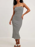 Back Striped Strapless Bodycon Midi Dress DJPT