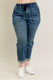 Blue Full Size HW Vintage Wash Jeans w/ Drawstring Plus Size DJPT