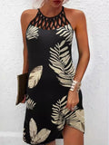 Leaf Print Halter Neck Mini Dress with Cutout Detail DJPT