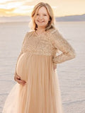 Sequin Tulle Splicing Long Sleeve Party Gown Photoshoot Maternity Baby Shower Maxi Dress Maternity