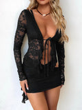 Tied Front Ruffled Long Sleeve Lace Shirt DJPT