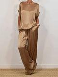 Size Satin Round Neck Top and Pants Two-Piece Set Plus Size DJPT