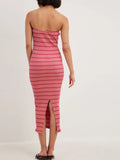 Back Striped Strapless Bodycon Midi Dress DJPT
