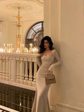 Mermaid Square Neckline Ivory Date Night Dress Long Prom Dresses Birthday Outfits SD1075