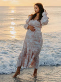 Ruffle Ruched High Waist Puff Sleeve Cute Photoshoot Maternity Maxi Dress Maternity