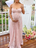 Pink Spaghetti Strap Backless Sheer Big Swing Chic Maternity Maxi Dress Maternity