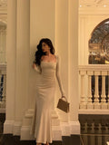 Mermaid Square Neckline Ivory Date Night Dress Long Prom Dresses Birthday Outfits SD1075