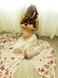 Two Piece Boho Flower Printing Off Shoulder Chiffon Crop Bandeau Photoshoot Maternity Maxi Dress Maternity