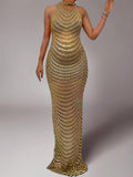 Gold Rhinestone Mesh Sleeveless Backless Photoshoot Bodycon Evening Plus Size Maternity Maxi Dress Maternity