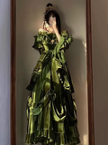 Ball Gown Strapless Long Sleeves Floral Ruffles Green Prom Dresses Birthday Outfits SD459