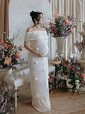 White Off Shoulder 3D Flowers Grenadine Sheer Bodycon Elegant Beach Photoshoot Baby Shower Maternity Maxi Dress Maternity