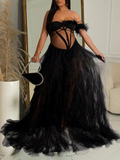 Bandeau Off Shoulder Feather Tulle Tutu Grenadine Photoshoot Maternity Maxi Dress Maternity